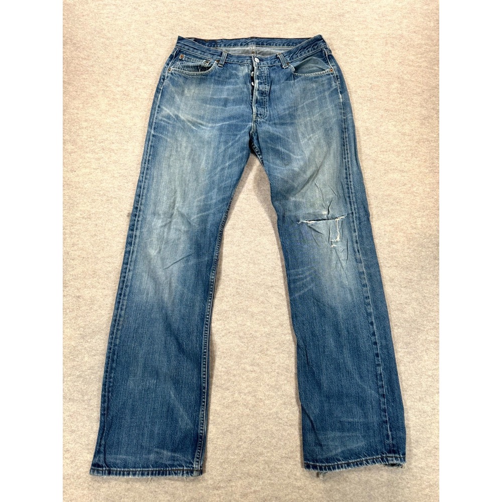 Levis 501 Original Jeans Mens 36x34 Blue Whiskering Denim Straight 00501-0076